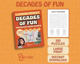 May include: An orange-toned cover of a word search book titled "Decades of Fun" with the text "Nostalgia Word Search" and "100 Puzzles." Includes a retro illustration and the words "Large Print" and "Instant Download."