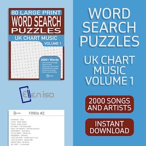 Big Font Music Word Search Puzzle Book With 2000+ Songs And Artists In 80 Puzzles With Instant Download, Plus 4 Bonus Books