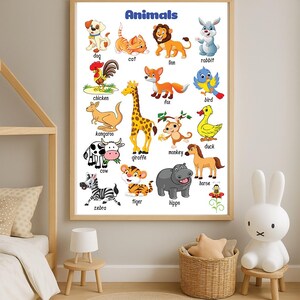 Digitales Tierposter für Kinder - Druckbare Tiernamentabelle, Kinderzimmerwandkunst, Montessori-Lerndekor