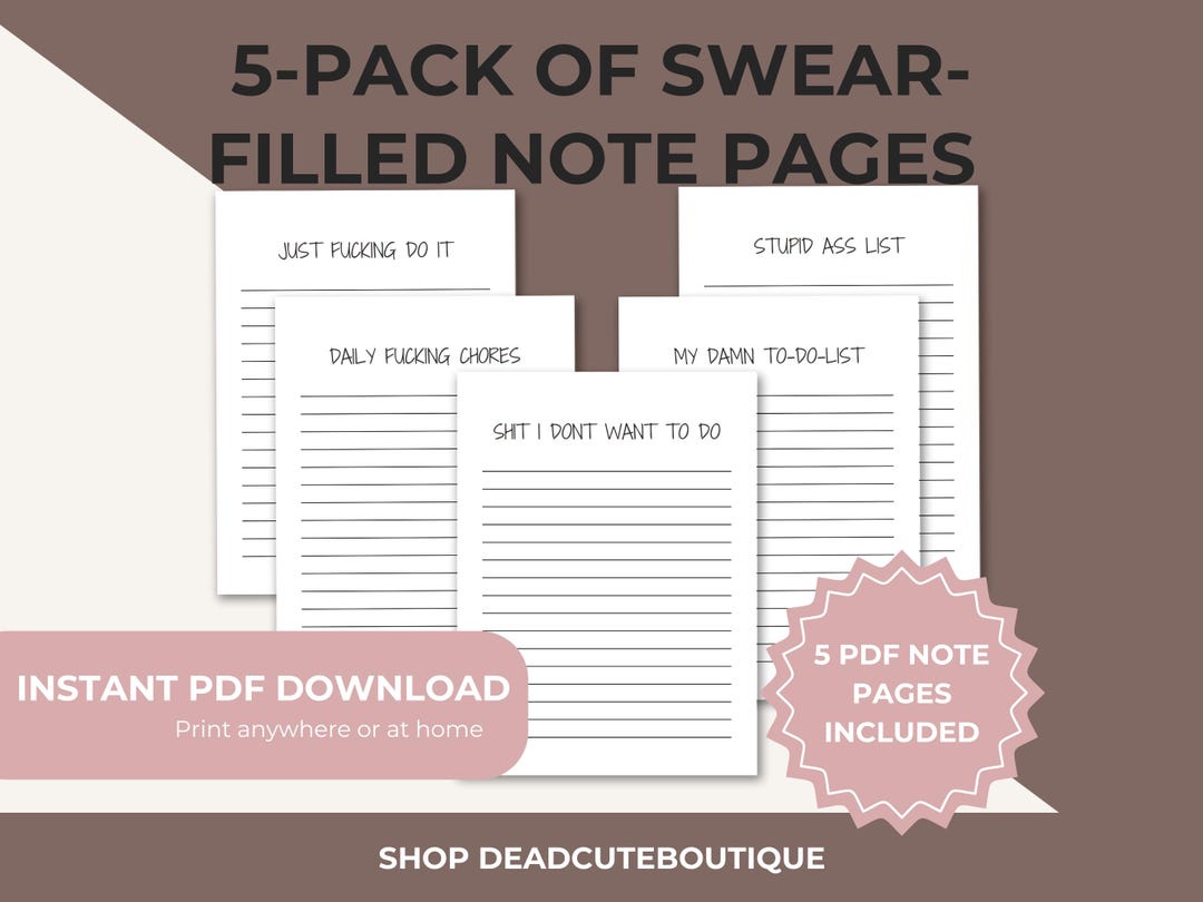 Swear Word Printable Lined Paper Bundle – 5 PDF Downloads, Funny Adult ...