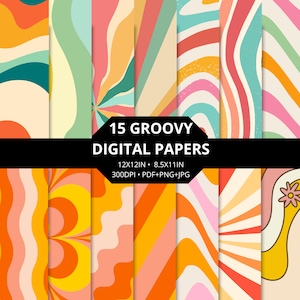 May include: A collection of 15 groovy digital papers with retro wavy designs in various colors, including orange, yellow, pink, and teal. The papers are available in 12x12 inch and 8.5x11 inch sizes, with a resolution of 300 DPI, and are in PDF, PNG, and JPG formats.