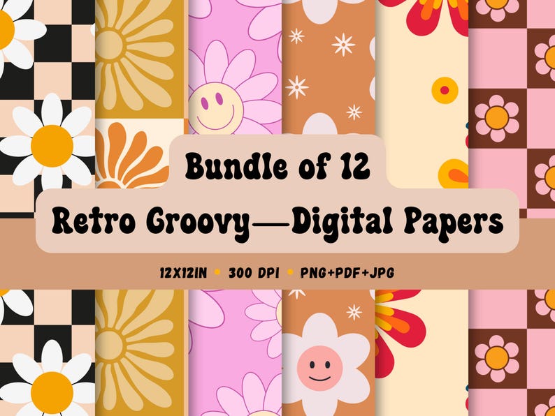 Retro Groovy Digital Papers, Boho 70s Backgrounds, PNG Wallpaper ...