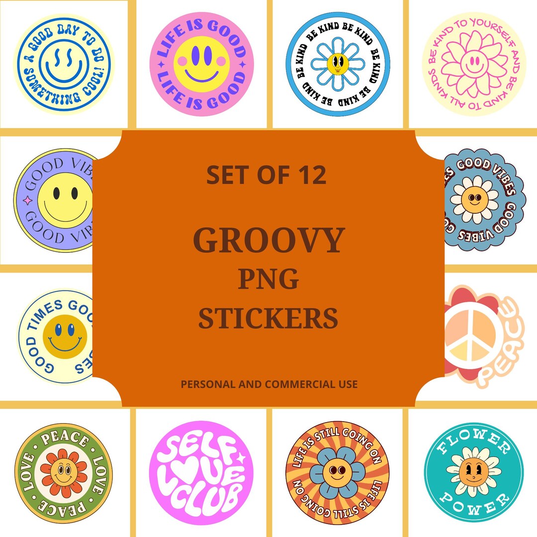 Groovy 70s Typography Stickers PNG | Retro Round Digital Sticker Sheet ...