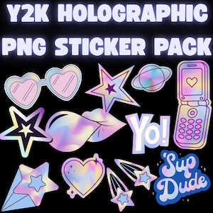 Y2k Holographic Digital Sticker Pack, Retro 2000's PNG Clipart, Transparent Background 300DPI