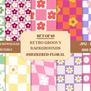 Puede incluir: Una descarga digital con diez fondos retro groovy con diseños a cuadros y florales. Los diseños incluyen varias combinaciones de colores, como rosa, naranja, verde y morado, con motivos de margaritas y flores. La imagen incluye el texto "SET OF 10 RETRO GROOVY BACKGROUNDS CHECKERED FLORAL".