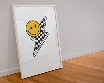 Grunge Smiley Face Art Print with Lightning Bolt Edgy Room Decor PDF Download