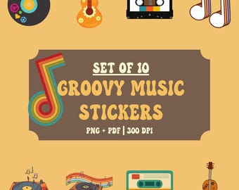 Groovy Music Digital Stickers PNG, Retro 70s Graphic Clipart, Printable Sticker Download