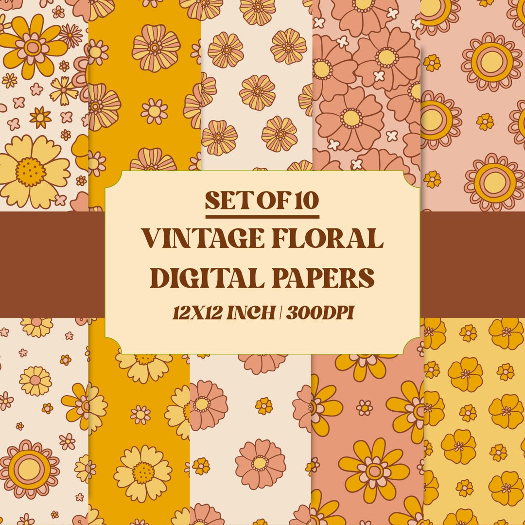 Vintage Floral Digital Paper Pack 12x12 | Groovy Retro Backgrounds PNG ...