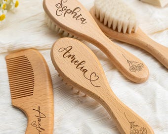 Personalized Baby Brush and Comb Set, Wooden Baby Hairbrush, Engraved Name Brush, Baby Shower, New Mom Gift, Newborn Gift