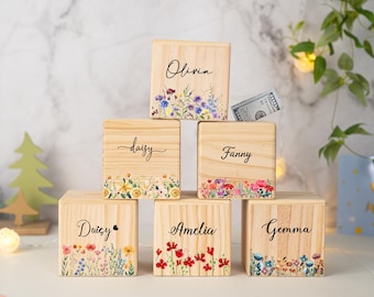 Personalized Flower Piggy Bank for Baby Girl, Christmas Gifts for Kid, Wildflower Coin Bank, Wooden Money Box with Name, Birthday Gift