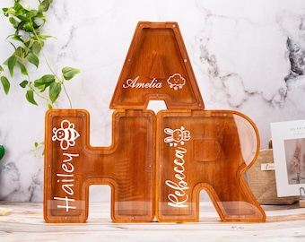 Personalized Large Wooden Kids Letter Piggy Bank,Wood Gift For Kids,Custom Name Coin Bank,Wood Alphabet Letter Bank Money Box Birthday