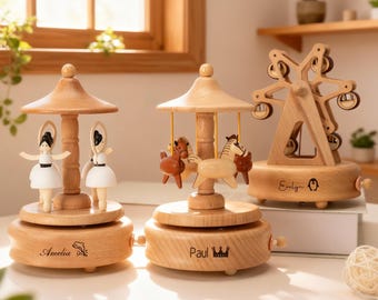Personalized Engraved Wooden Music Box, Ballerina Carousel Music Box, Train Music Box, Christmas Musical Box, Baby Shower Gift, Newborn Gift