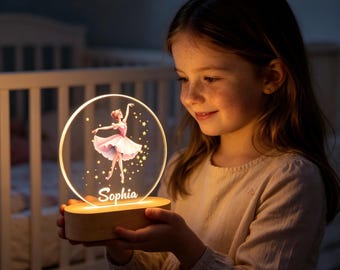 名入れ可能なバレリーナナイトライト、カスタムネーム入りキッズランプ、木製ベース装飾、小さなダンサーの子供部屋の装飾に最適な子供の日のギフト