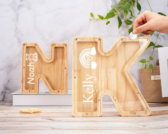 Wood Piggy Bank, Letter Coin Bank for Kids, Wooden Bank, Wooden Piggy Bank, Grandchild Gift, Gift for Kids, Personalized Gift for Children