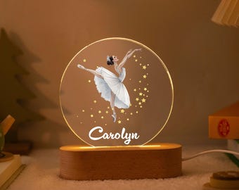 Gepersonaliseerde ballerina-nachtlampje, aangepaste naam kinderlamp, houten basisdecor, warme led-slaapkamerdecoratie, kinderdagverjaardagscadeau