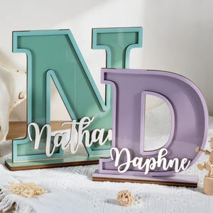 Può includere: Due lettere decorative in legno, una N color verde acqua con il nome Nathan in corsivo bianco e una D color lavanda con il nome Daphne in corsivo bianco. Entrambe le lettere presentano un design a strati con un pannello frontale in acrilico.