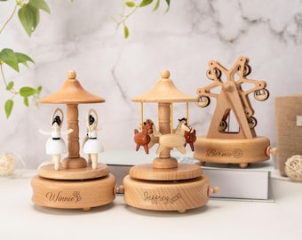 Wooden Musical Ballerina Carousel Keepsake, Engraved Baby Name Music Box, Personalized Wooden Train Music Box, Baby Shower Gift, Newborn