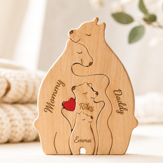 A custom engraved bear family puzzle where each bear is sized to a family member — it's a keepsake, a toy, and a portrait of your family all in one quietly charming object.
