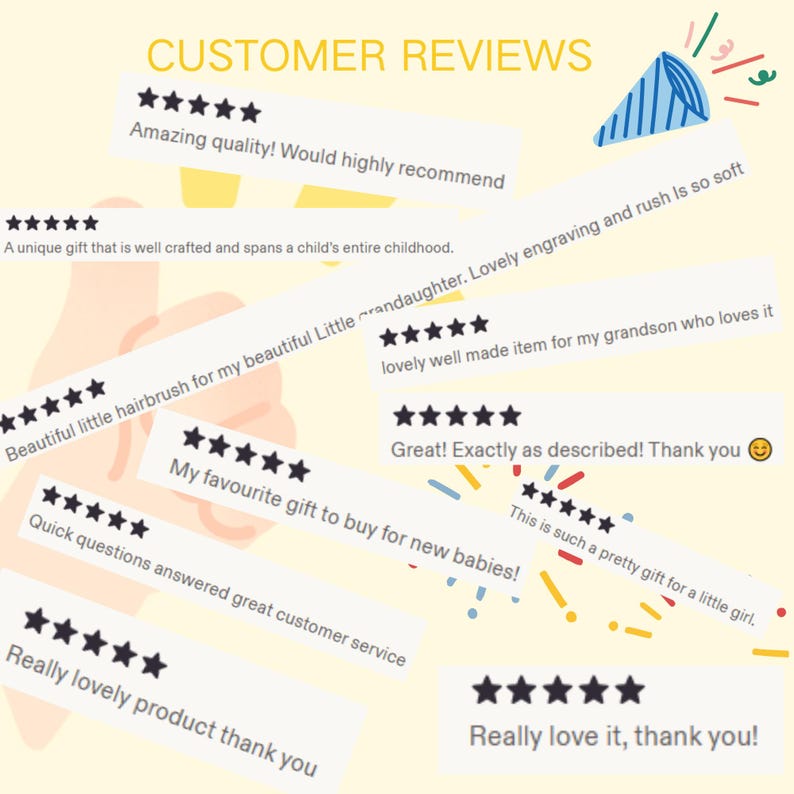 Może przedstawiać: Grafika z napisem CUSTOMER REVIEWS zawierająca wiele pięciogwiazdkowych ocen i pozytywnych opinii. Tło jest jasne, ż&oacute;łte, z niebieską ikoną tuby z konfetti. Tekst zawiera zwroty takie jak Amazing quality, Beautiful little hairbrush oraz Really love it.