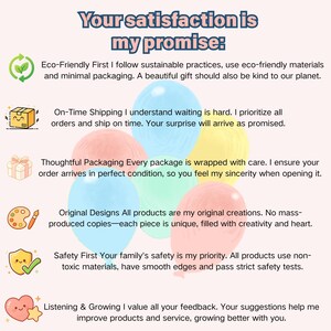 Może przedstawiać: Grafika informacyjna zatytułowana Your satisfaction is my promise, przedstawiająca sześć pastelowych balon&oacute;w w kolorze niebieskim, r&oacute;żowym, ż&oacute;łtym i zielonym. Ikony obejmują symbol recyklingu, uśmiechnięte pudełko, prezent, paletę, tarczę i serce.