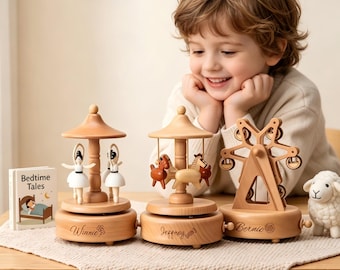 Caja de música de madera grabada a medida, regalo personalizado para el Día del Niño, regalo de primer cumpleaños para bebé con temática de bailarina y carrusel.