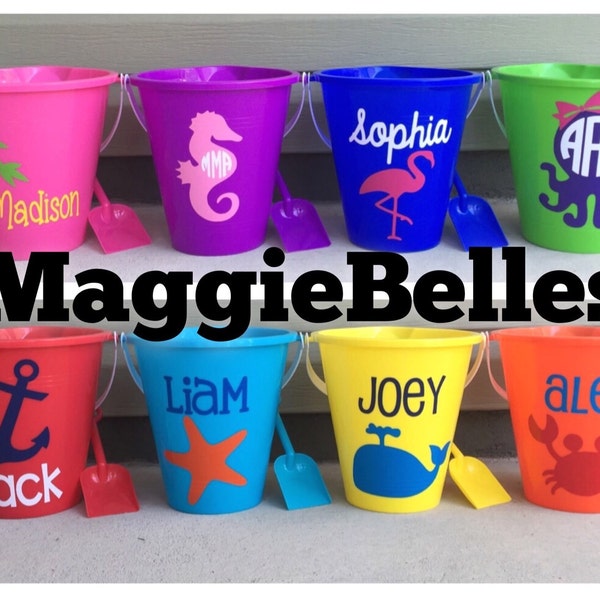 Personalized plastic Beach pail bucket with shovel monogram party gift favor basket  crab mermaid whale octopus flip flop NAME AND IMAGE