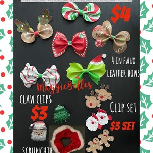 Santa reindeer peppermint Tree cake hair bow necklace earrings red white stripe sprinkles green Christmas stocking stuffer