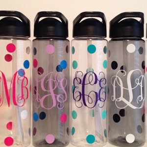 24 oz. personalized monogram plastic water bottle with straw polka dots Kids sports vine interlocking