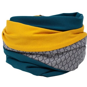 May include: A teal, yellow, and gray patterned neck warmer. The neck warmer is made of a soft, stretchy fabric and is perfect for keeping warm in the winter.