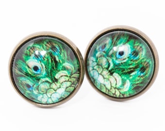 May include: A pair of round, bronze-colored earrings with a peacock feather design. The feathers are green, blue, and white.