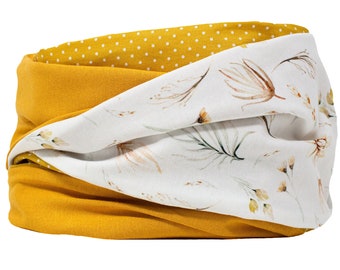 Foulard boucle, ethnique, cadeau personnalisé, pois, jaune moutarde, jaune, foulard femme, foulard jersey, cadeau anniversaire, cadeau copine