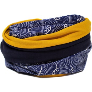 May include: A blue and yellow fabric headband with a wave pattern. The headband is made of two layers of fabric, with the top layer being a solid yellow and the bottom layer being a blue fabric with a white wave pattern.