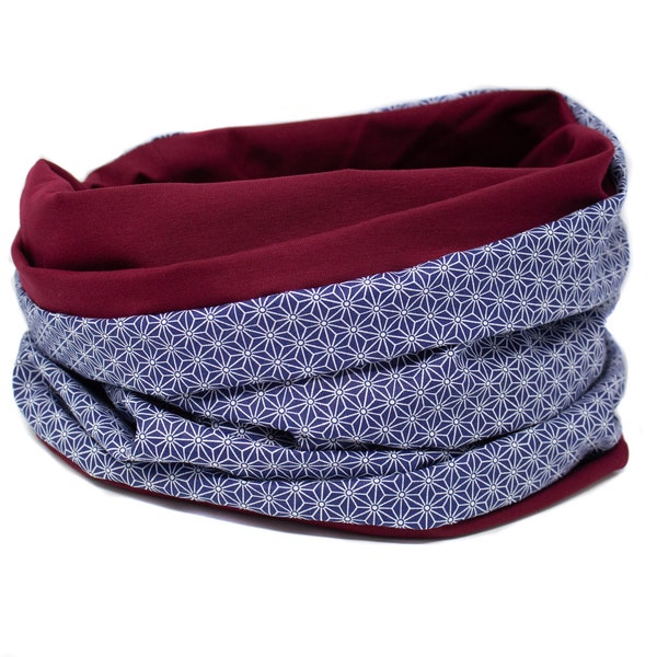 XL Slip scarf, neck sock, loop scarf, Asanoha, Japan design, burgundy, wine red, women's scarf, women's neck sock, multifunctional scarf