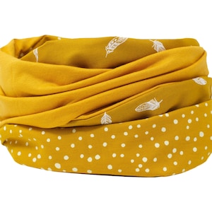 Loop scarf Loop scarf Loop scarf mustard yellow feathers olive green