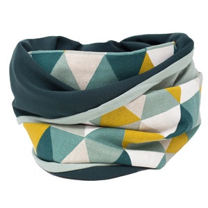 May include: A teal blue and yellow geometric patterned infinity scarf. The scarf is made of a soft, comfortable fabric and is perfect for keeping warm in the winter.