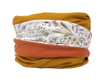 Soft scarf, soft loop, mustard yellow, tube scarf, leaves, flowers, BOHO loop scarf, bestseller, floral pattern, cozy scarf