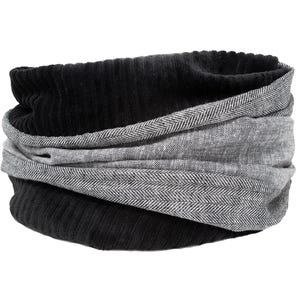May include: A black and gray neck warmer. The neck warmer is made of a black corduroy fabric and a gray herringbone fabric. The neck warmer is designed to be worn around the neck for warmth and style.