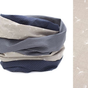 Puede incluir: Un calentador de cuello de tela gris y azul con un estampado de dientes de le&oacute;n blancos. El calentador de cuello est&aacute; hecho de tres capas de tela, con la capa superior de un gris s&oacute;lido, la capa intermedia de un estampado de dientes de le&oacute;n blancos sobre un fondo beige y la capa inferior de un azul marino con lunares blancos.