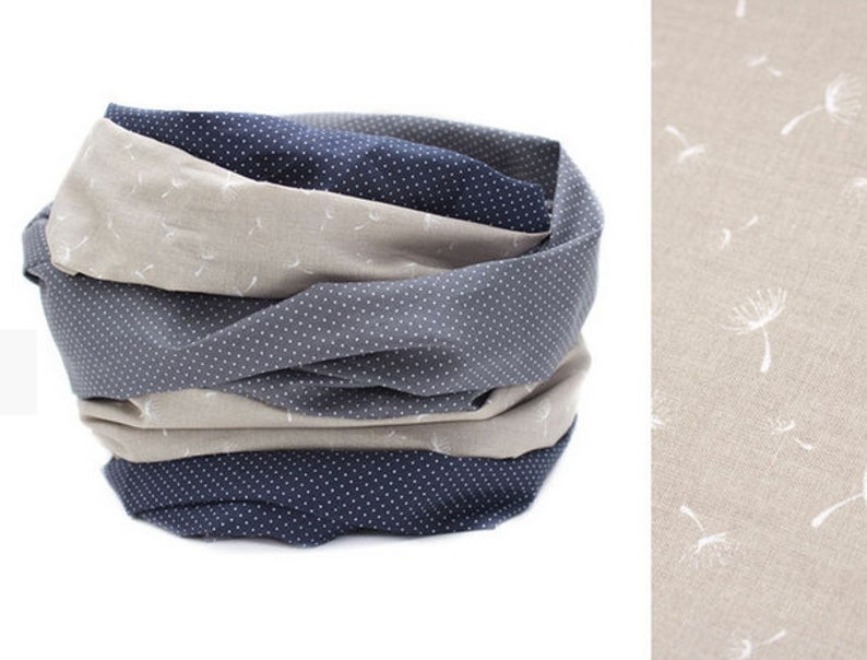 Puede incluir: Un calentador de cuello de tela gris y azul con un estampado de dientes de le&oacute;n blancos. El calentador de cuello est&aacute; hecho de tres capas de tela, con la capa superior de un gris s&oacute;lido, la capa intermedia de un estampado de dientes de le&oacute;n blancos sobre un fondo beige y la capa inferior de un azul marino con lunares blancos.