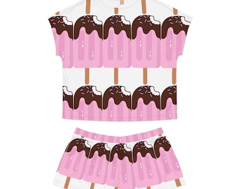 Conjunto de pijama con estampado de paletas de helado bañadas en chocolate rosa / Pijama corto para mujer