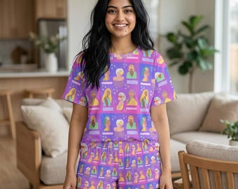 Conjunto de pijama corto con estampado retro colorido para mujer / Pijama AOP