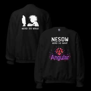 May include: Black sweatshirt with white graphics. The front features the text "NESOW NERD SO WHAT" above a geometric design and the word "Angular" in pink. The back displays a silhouette of a person at a computer with the text "NERD SO WHAT".