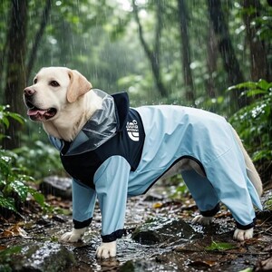 Puede incluir: Un Labrador Retriever amarillo con un impermeable azul claro y azul marino con capucha transparente. El perro está en un bosque, lloviendo. El impermeable tiene el texto "LIQUID NYLON" en el pecho.