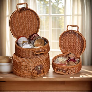 May include: Three brown wicker picnic baskets of varying sizes, two open to reveal contents. One basket contains a mug and two tins, another holds a teddy bear and a small box. The baskets have leather handles and closures.