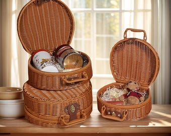 Wicker Storage Basket Round Vine Weaving Handbag with Hand Small Suitcase Retro Carrying Case Knit Desk Willow Picnic Basket