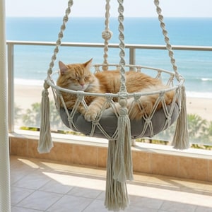 Pode incluir: Uma cama para gatos em macramê creme com uma almofada cinza, suspensa em uma varanda com vista para o mar. Um gato laranja está dormindo pacificamente na cama. A cama tem borlas decorativas.