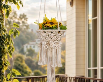 Estante colgante para plantas de macramé hecho a mano: decoración de cesta tejida estilo bohemio