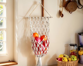 Handmade Macrame Hanging Fruit Basket: Bohemian Kitchen Decor