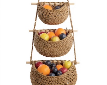 Makramee-Wandbehang-Obstkorb-Aufbewahrungs-Organisator für Küche oder Wohnzimmer-Dekor, Boho-Stil Pflanzenaufhänger-Regal für frische Produkte