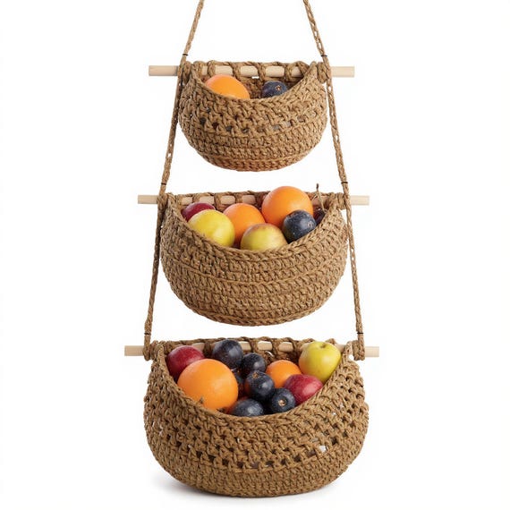 Macrame Wall Hanging Fruit Basket Storage Organizer for Kitchen or Living Room Décor, Boho Style Plant Hanger Shelf Fresh Produce Display